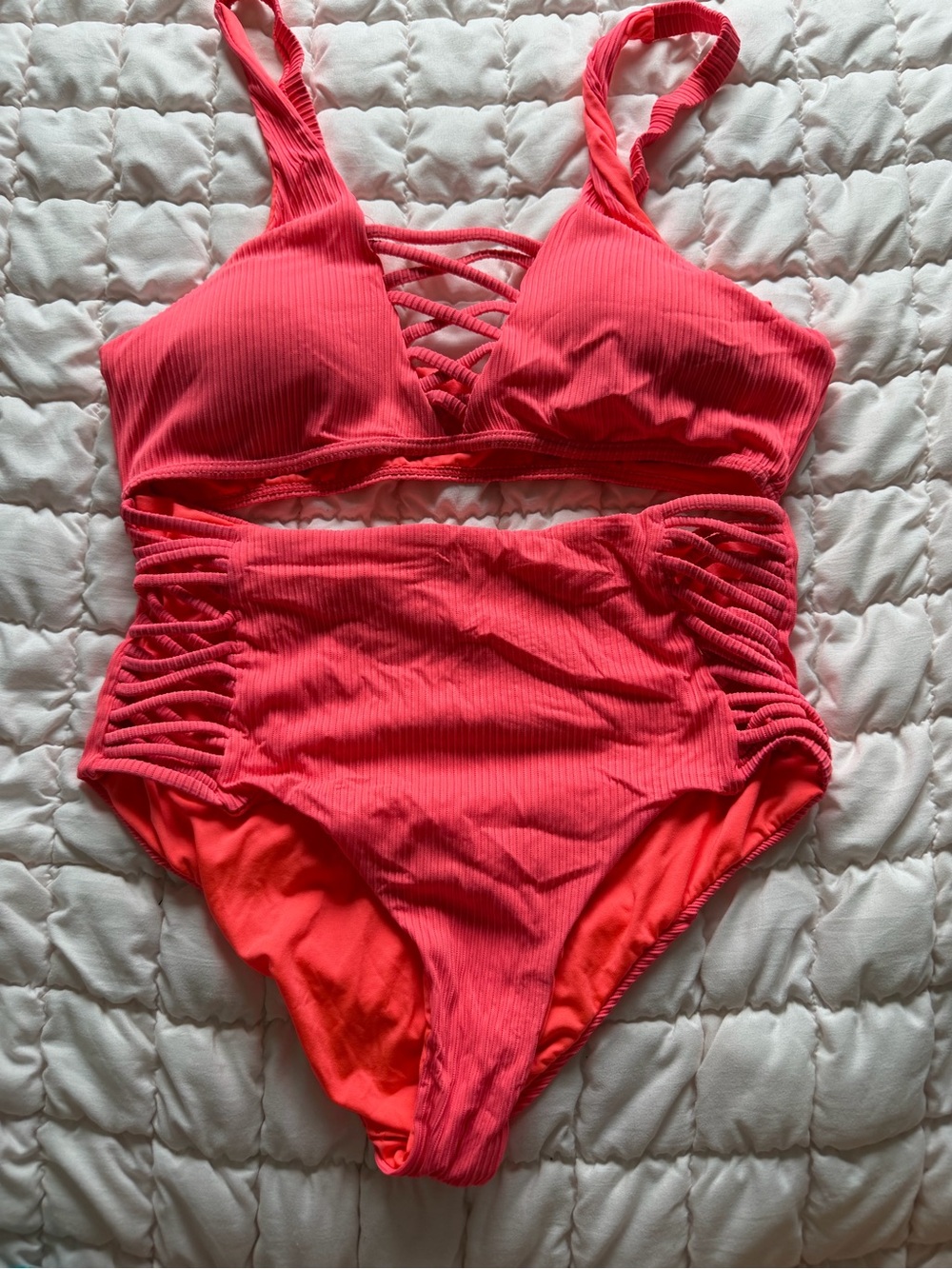 TiniBikini Coral Ribbed Lattice Two-Piece